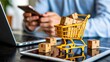 © millennium - Online shopping concept with shopping cart and packages on laptop, ecommerce delivery and retail business
