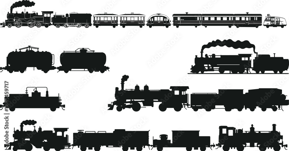 Vintage steam train silhouette vector illustration of old locomotives and railway carriages showcasing historical transportation design and retro travel concept