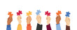 © Volha Hlinskaya - Hands of diverse people wearing different clothes raising puzzle pieces. Teamwork and collaboration concept. Isolated vector illustration.