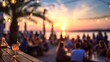 © Oleh - Vibrant tropical cocktail with a garnish sits on a wooden bar counter while blurred people socialize at an outdoor beach club during a picturesque summer sunset