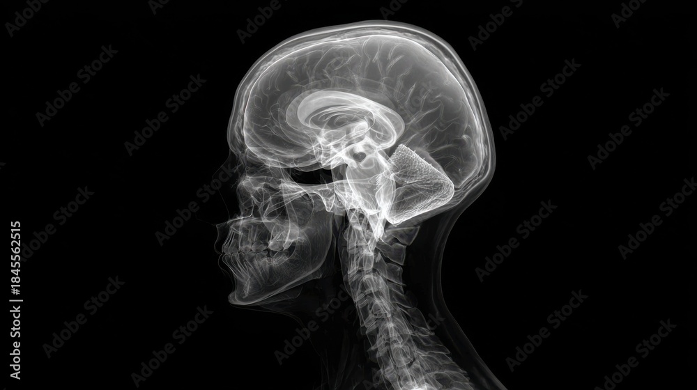 Detailed X-ray image of human skull and brain anatomy showing nervous ...