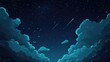 © PikePicture - Deep blue night sky filled with twinkling stars and multiple glowing shooting stars streaks, surrounded by soft, stylized teal clouds creating an imaginative, tranquil atmosphere