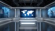 © Oleksandr - Clean, modern news studio with world map backdrop, shining floor, and sleek desk. A global information space for broadcasting, media, and digital reporting.
