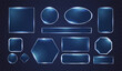 © ssstocker - Neon glass frames. Realistic blue glasses lens, clear frame futuristic screen game box digital glow effect square circle hexagon button sparkle frame, exact vector illustration