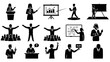 © Kleber - Business presentation and public speaking icon set lectern, chart, audience interaction, and training silhouettes