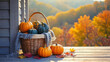 © antusher - Wicker basket filled with pumpkins on a wooden porch in autumn