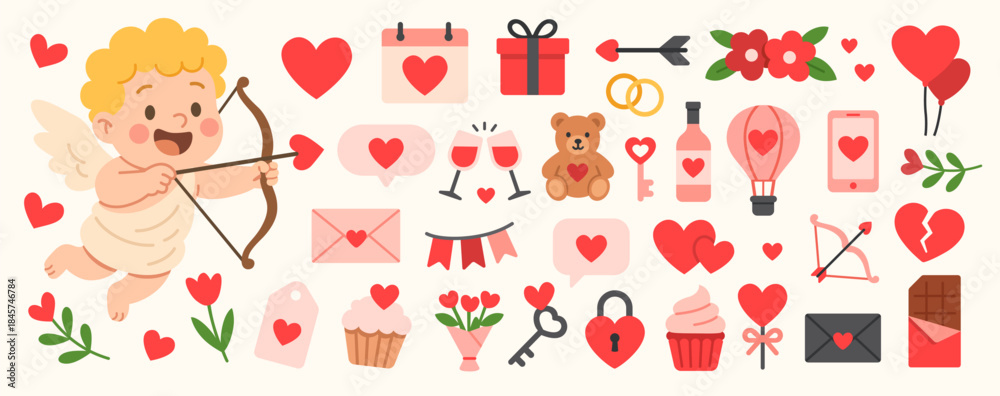 Valentines day elements illustrations vector set. Cute cartoon clipart ...