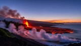 Volcanic eruption at sunset with lava flowing into ocean