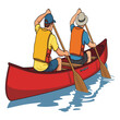 © Ayesha - Two men in life jackets paddling red canoe on blue water, representing outdoor recreation, teamwork, and adventure