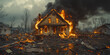 © plysuikvv - Fire engulfs house in abandoned area during daytime Generative AI