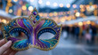 © Maksym - Festive masquerade mask in radiant colors, blurred background filled with soft bokeh lights, Rio and Tenerife carnival inspiration, elegant wide-angle composition with space for te