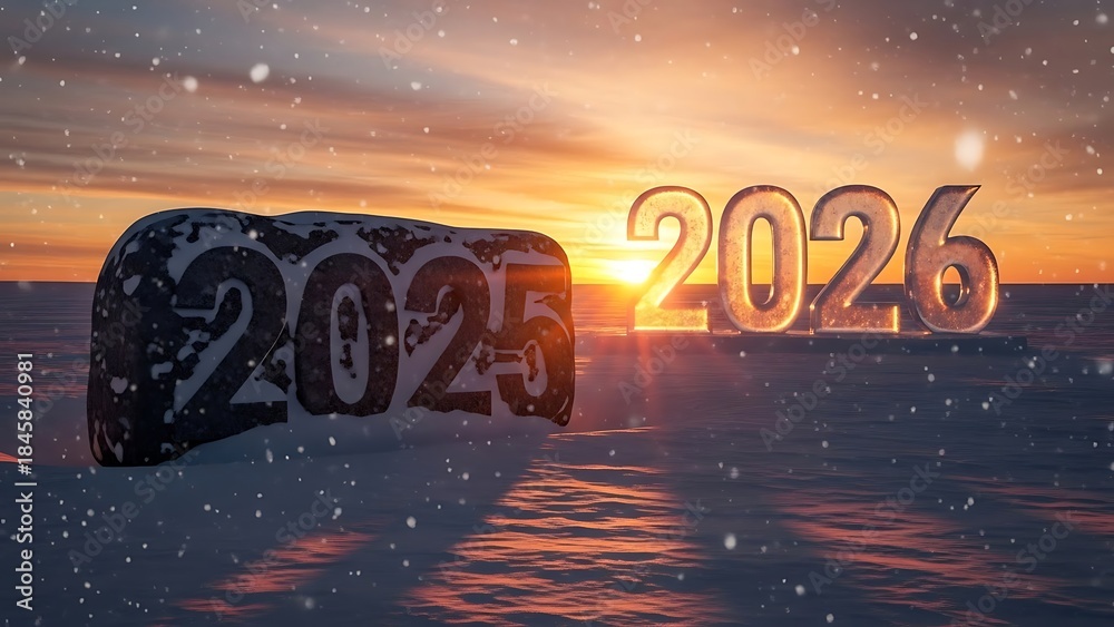 Transition from 2025 to 2026 with icy and golden numbers over sunset ...