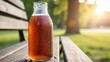 © Nataly - Cold drink bottle on wooden park bench, warm sunset light, condensation droplets on glass surface. Cold drink bottle provides refreshing relief on hot summer day.