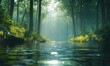 © Sergey - Scenic forest stream with sunlight filtering through tall trees, soft water ripples and rich green tones creating a peaceful and calming nature retreat, serene atmosphere,