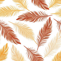  Rustic Autumn Feathers Seamless Pattern Illustration with Earthy Tones. Artistic Background Design Featuring Textured Plumes in Warm Orange and Brown Hues
