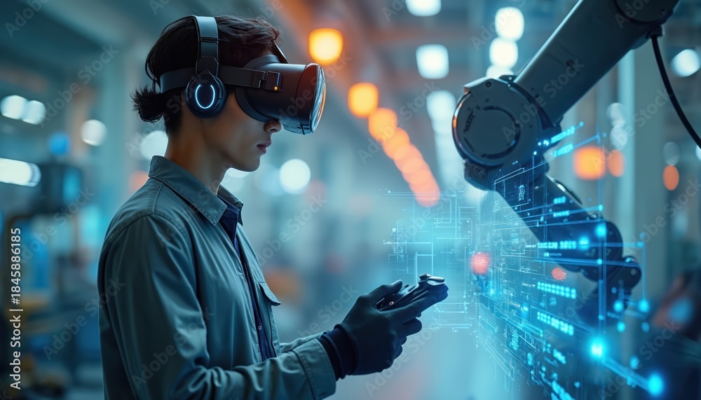 Man uses VR headset and controller to operate robot arm. Futuristic ...
