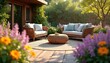 © miss irine - Cozy outdoor living space features wicker furniture and colorful blooms. A wooden deck patio with a coffee table offers a relaxing spot surrounded by rich garden plants. Perfect for serene moments.