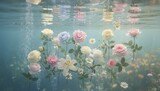 Fresh flowers submerged underwater with soft ripples and air bubbles, dreamy surreal composition, gentle light and fluid motion creating an artistic, ethereal mood.