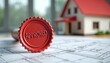 © Vadym - Red approved seal rests on architectural plans near house model. Official document signifies project completion, real estate deal finalization, building permit secured. Essential for construction,