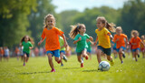 Young girls in colorful uniforms run and play soccer on a sunny green field. Children actively chase ball, showing teamwork, energy, and joyful competition. Healthy outdoor game.