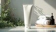 © Vadym - White cosmetic tube with fluffy towels and green plant sprigs on a clean white surface with soft light and shadows. Minimal bathroom aesthetic.