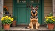 © Vadym - Loyal German Shepherd sits on rustic porch with potted yellow flowers beside weathered green door. Dog attentive, looking forward with erect ears. Scene suggests companionship, warm, inviting home