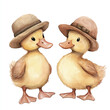 © sahda - Two adorable watercolor ducklings wearing hats facing each other with gentle expressions.