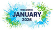 © Haji - Vibrant welcome january 2026 graphic with blue and green paint splashes on white background