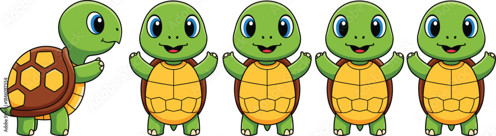 Cute turtle cartoon character turnaround set showing front and side ...