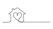 © Line Home - Minimalist single line drawing of a house with a heart inside symbolizing love and home on a white background