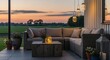 © NAIMAH - Charming outdoor patio evening scene with cozy rattan furniture string lights and warm sunset sky