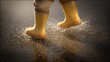 © LU - footwear. Yellow boots playfully splashing in a rain puddle, capturing the joy of a rainy day. lifestyle magazines, social media lookbooks, designed for influencer and brand collaborations.