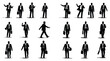 © S.Siam - Businessman silhouettes in suit with briefcase, 15 poses showing gestures, walking, standing, and body language, representing corporate communication, office work, leadership, professionalism, and cha