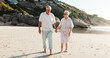© SnapK/peopleimages.com - Walking, old couple and holding hands on date, beach and bonding on anniversary, loyalty or vacation. Coast, senior people and romance on summer holiday, relationship and commitment for marriage