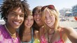© Formoney - Four friends gather on a sandy beach, sharing joyful moments and laughter under a bright sun. The ocean waves can be seen in the background, creating a lively atmosphere.
