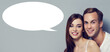 © vgstudio - Love, relationship, lovers, romantic dates concept - expressive happy couple. Portrait of young man woman, isolated grey gray background with white empty mockup speech bubble, free ad text space