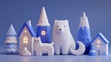 Stylized diorama depicts charming arctic wildlife and snowy structures against a solid blue backdrop