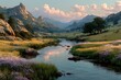 © Bandhan - Mountain stream flowing through a grassy valley high resolution photo