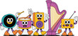 © Riya - Colorful cartoon musical band featuring animated percussion instruments, a harp, and a vintage radio in a cheerful modern style, perfect for children's entertainment, educational content, playful mark