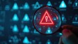 © Pete - System engineer examines warning sign in digital network. Magnifying glass shows red triangle with exclamation mark. Cyber security issue found in data flow.
