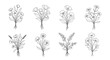 © Afjol - Collection of eight charming hand-drawn wildflower bouquets, illustrated in a rustic, stippled black and white line art style.