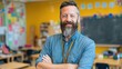 © Formoney - A kind hearted teacher stands with arms crossed in a lively classroom creating a warm atmosphere for learning.