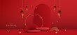 © TripleP Studio - Podium stage chinese style for chinese new year and festivals or mid autumn festival with red background. mock up stage with festive lanterns and clouds. vector design.