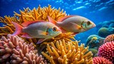 Two colorful fish swim amongst vibrant coral formations in a sunlit underwater environment