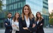 © si - The woman director of the company poses with her team in front of the corporate building. Business people follow the leader to success and female empowerment. High quality photo. High quality