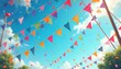 © Pete - Colorful triangular bunting flags strung across bright blue sky with white clouds. Paper confetti flutters down. Trees visible on sides. Celebration atmosphere on sunny day outdoors.