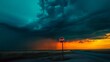 © Sinechana - 50.A cinematic moment at a countryside crossroads, where a lone stop sign stands against the backdrop of an approaching summer storm, the sky a dramatic mix of deep blue and orange.