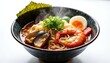 © Pete - Hot steaming bowl of ramen noodles with shrimp, mussels, sliced egg, and green onions. Delicious seafood noodle soup prepared in Japanese style with rich broth. Garnished with seaweed and vegetables.