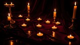Many lit candles on a red velvet tablecloth in a dark room with soft warm lighting ambiance
