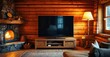 © antishock - Cozy cabin interior features fireplace, tv, warm lighting. Rustic wood walls create inviting atmosphere. Comfortable seating visible.